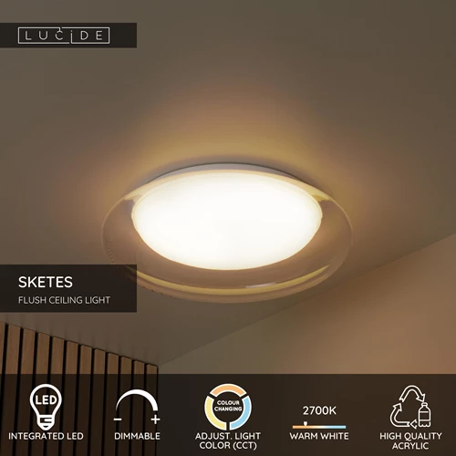 Lucide SKETES - Flush ceiling light - Ø 45,7 cm - LED Dim. - CCT - 1x24W 2700K/4000K - Transparant - USP